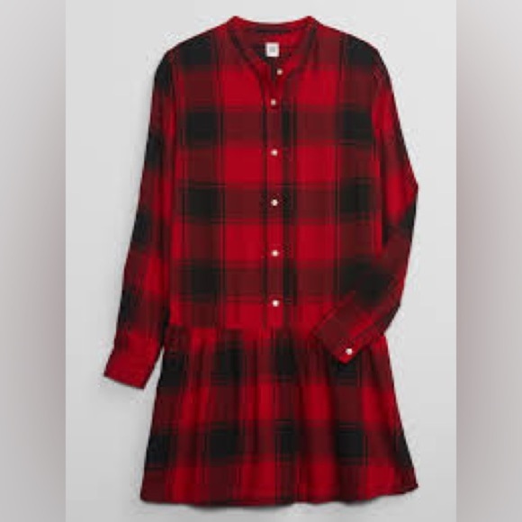 GAP Red and Black Plaid Shirt Dress with Cuffed Sleeves - Picture 1 of 10